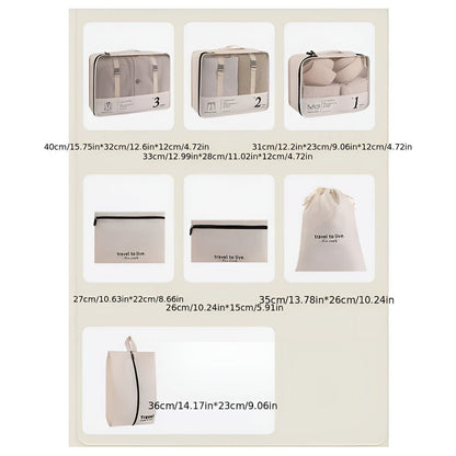 Packing Cube Set | 7 Pieces | Compression Travel Organisers | Water-Repellent | Beige, White & Black