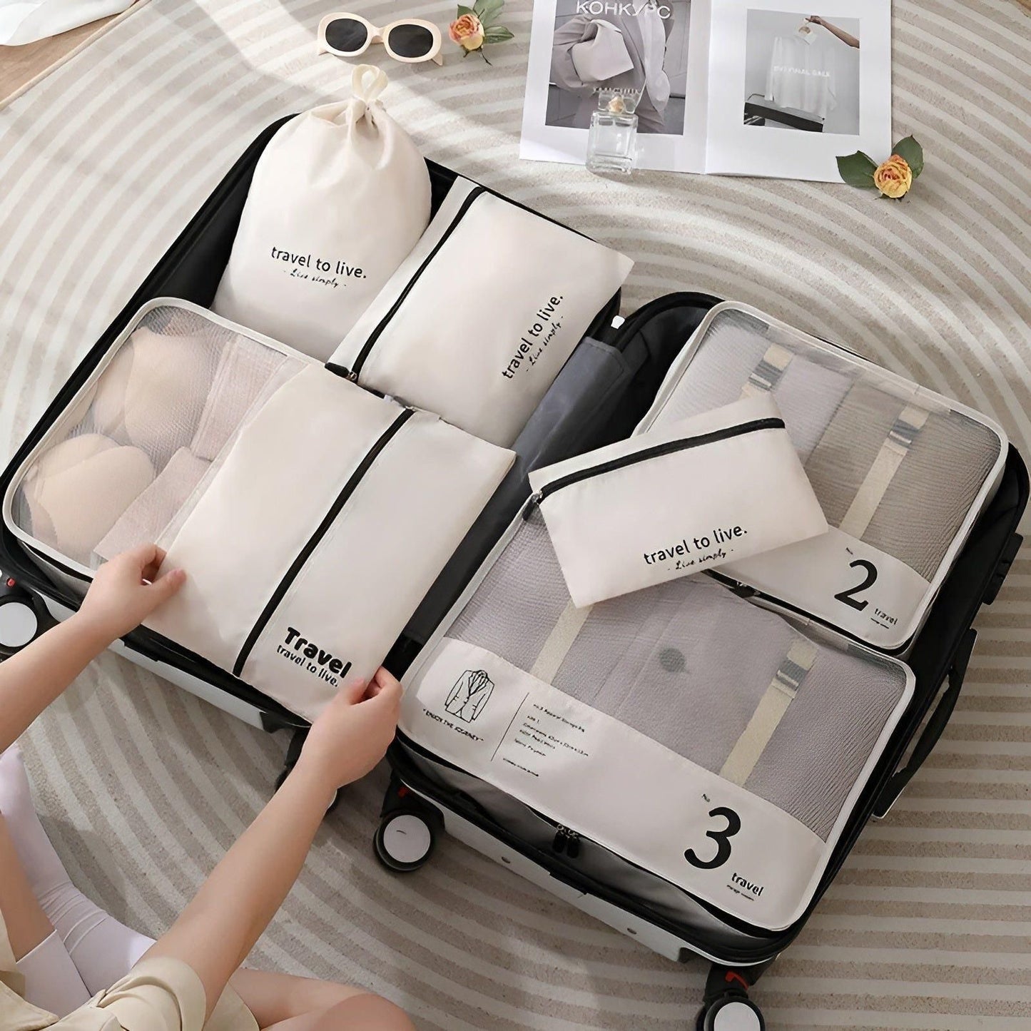 Packing Cube Set | 7 Pieces | Compression Travel Organisers | Water-Repellent | Beige, White & Black