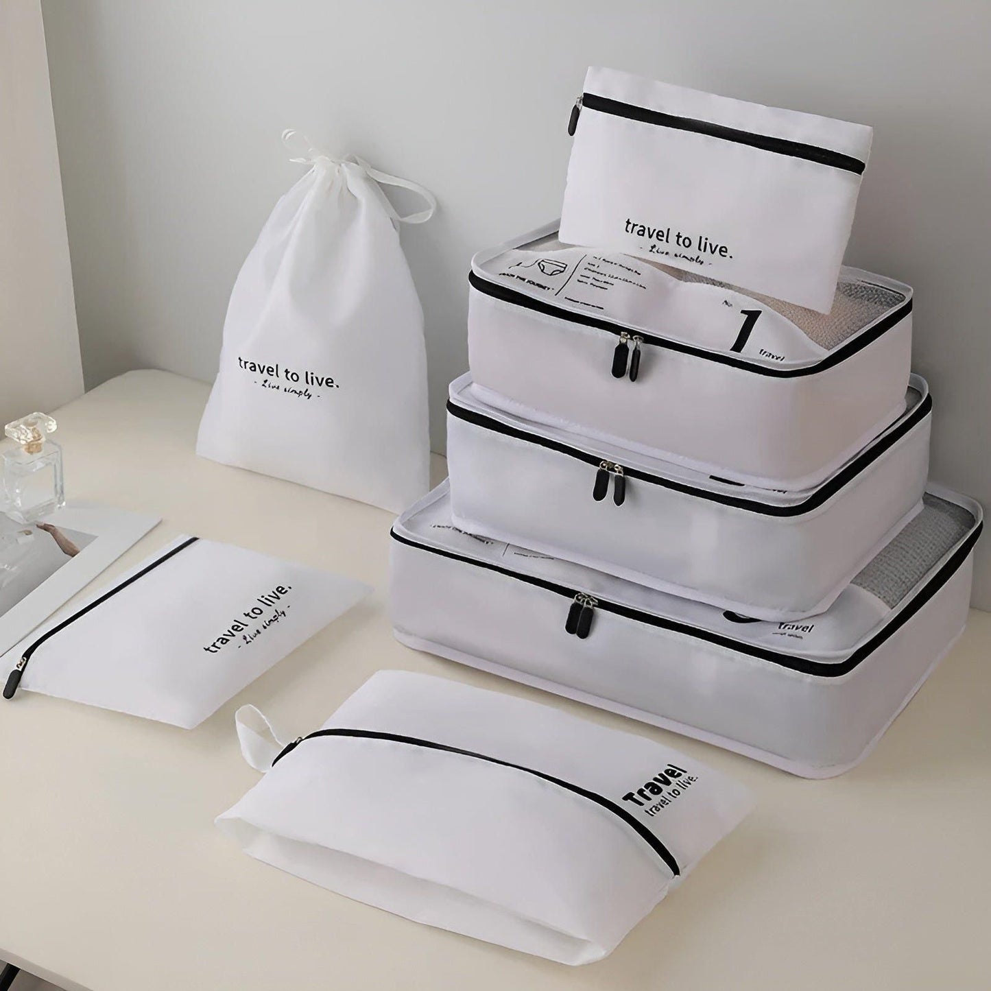 Packing Cube Set | 7 Pieces | Compression Travel Organisers | Water-Repellent | Beige, White & Black