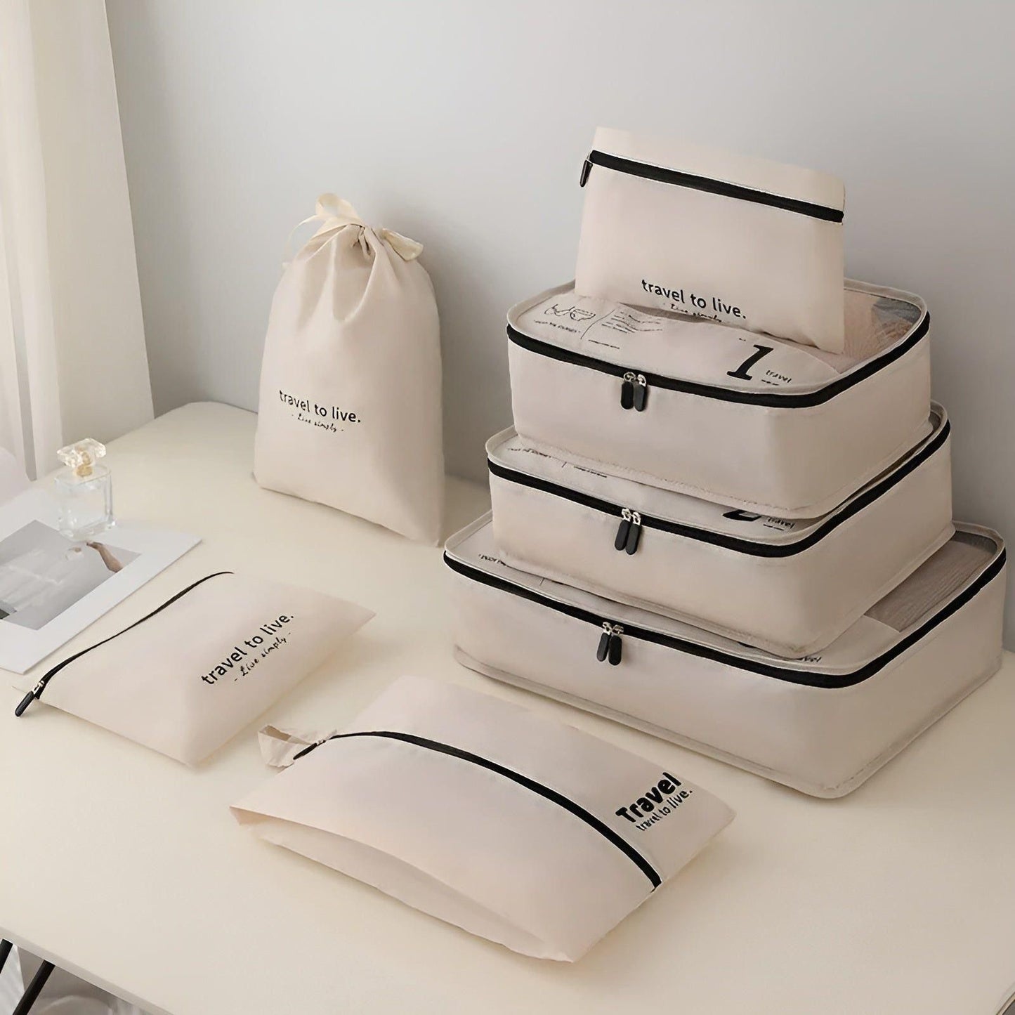 Packing Cube Set | 7 Pieces | Compression Travel Organisers | Water-Repellent | Beige, White & Black