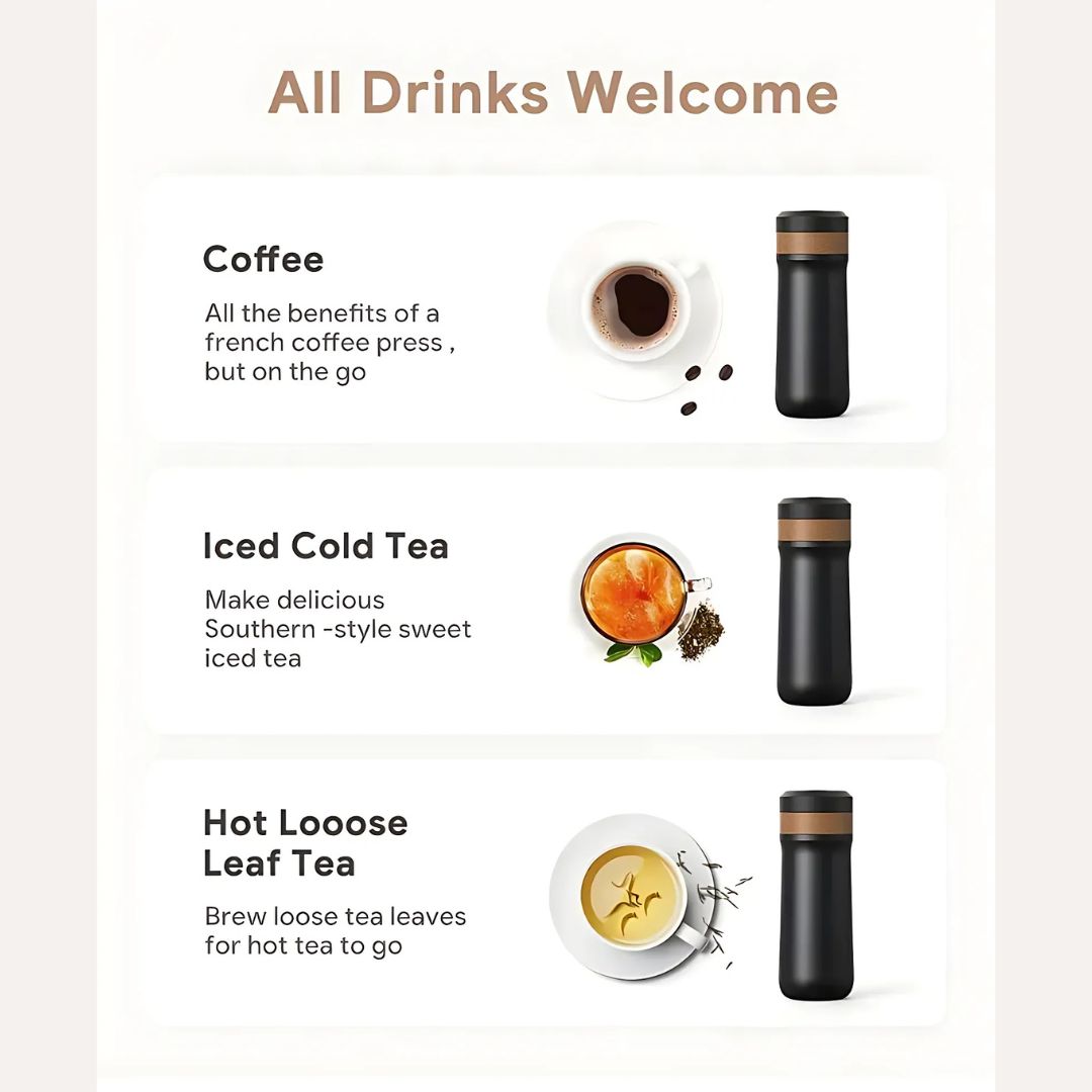 French Press Travel Mug | Double-Wall Stainless Steel | 320ml | Leak-Resistant Lid