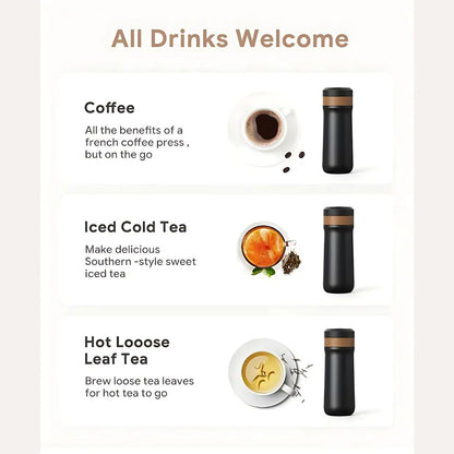 French Press Travel Mug | Double-Wall Stainless Steel | 320ml | Leak-Resistant Lid