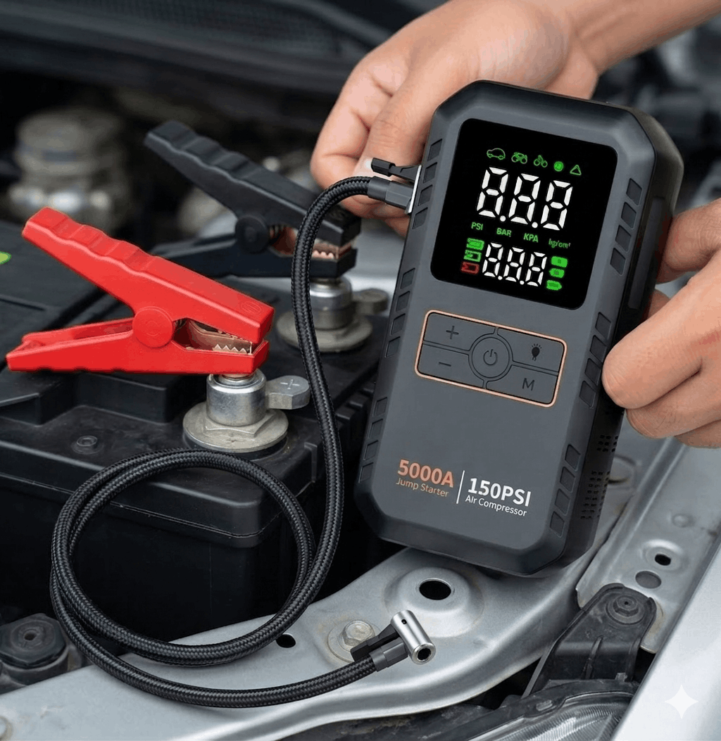 Portable Car Jump Starter | 5000A Peak | 4-in-1 | Air Compressor | 16000mAh | 150 PSI