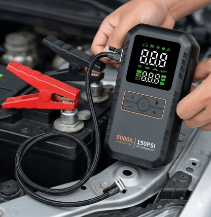 Portable Car Jump Starter | 5000A Peak | 4-in-1 | Air Compressor | 16000mAh | 150 PSI