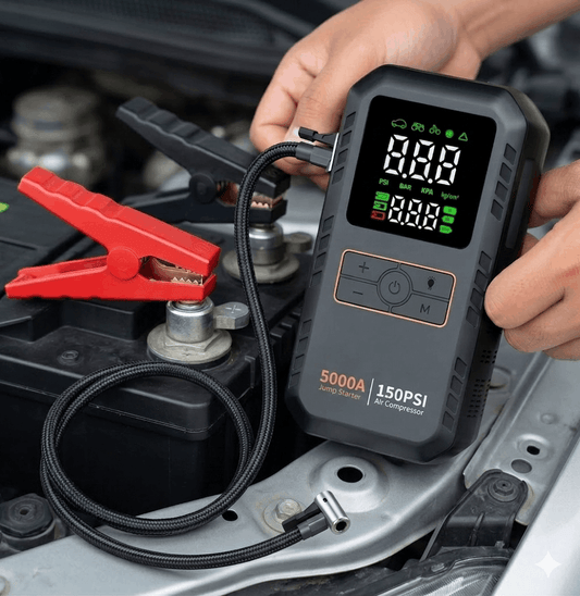 Portable Car Jump Starter | 5000A Peak | 4-in-1 | Air Compressor | 16000mAh | 150 PSI