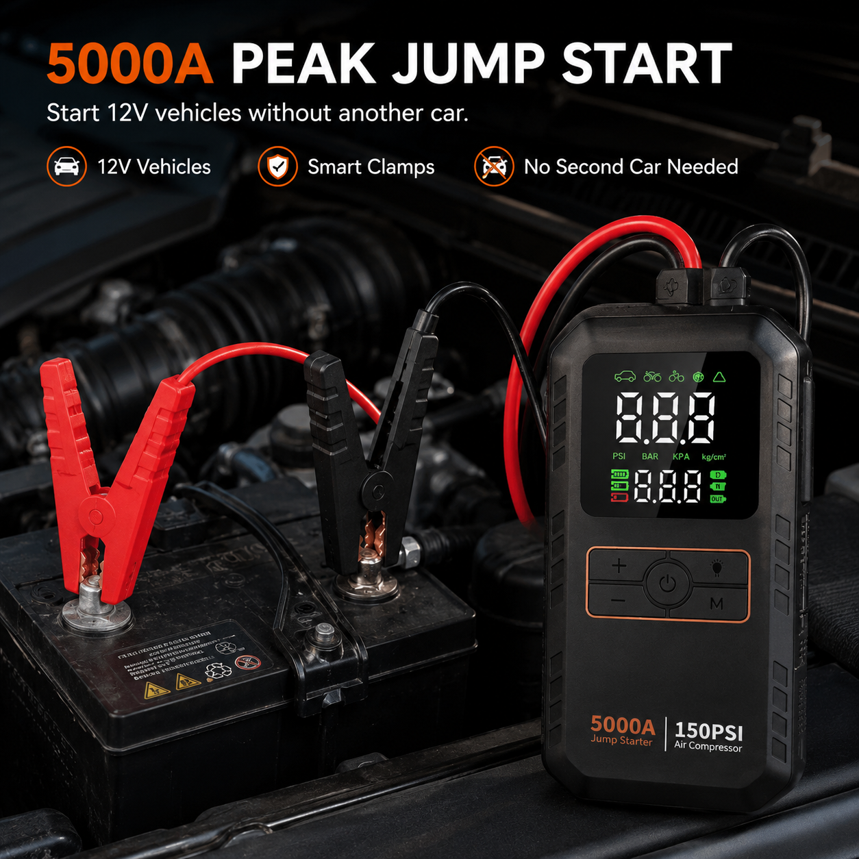 Portable Car Jump Starter | 5000A Peak | 4-in-1 | Air Compressor | 16000mAh | 150 PSI