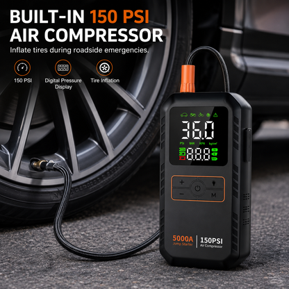 Portable Car Jump Starter | 5000A Peak | 4-in-1 | Air Compressor | 16000mAh | 150 PSI