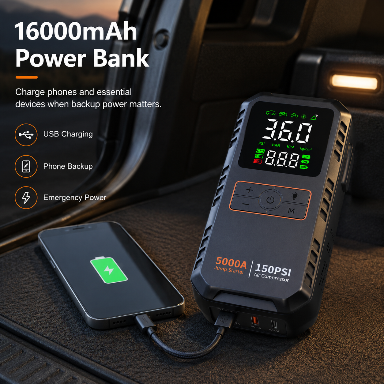 Portable Car Jump Starter | 5000A Peak | 4-in-1 | Air Compressor | 16000mAh | 150 PSI