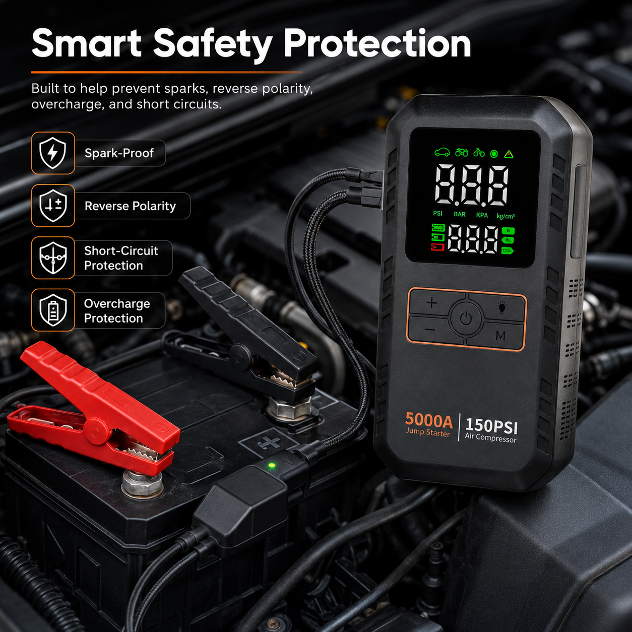 Portable Car Jump Starter | 5000A Peak | 4-in-1 | Air Compressor | 16000mAh | 150 PSI