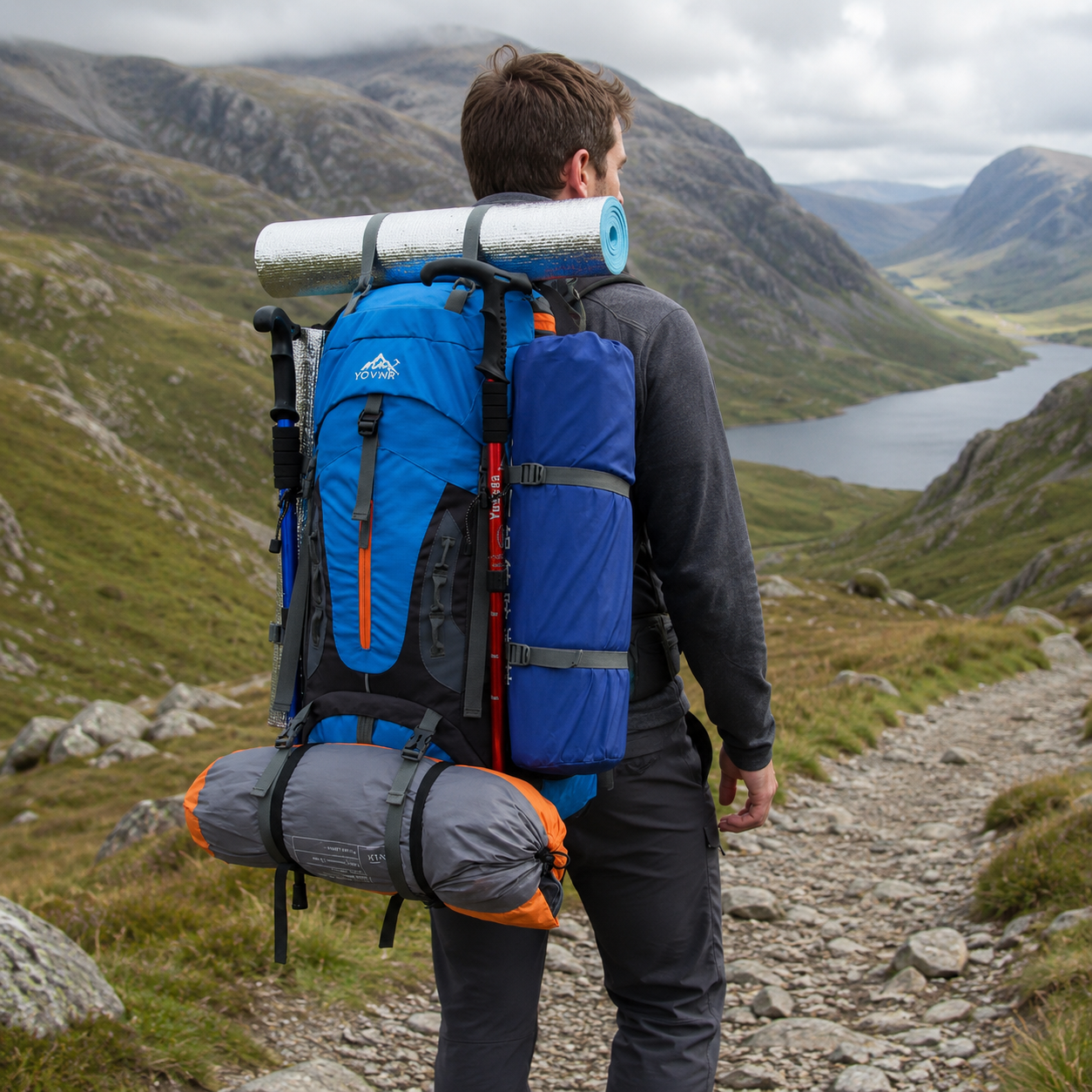 70L Tactical Backpack | Waterproof Nylon | Padded Straps | Dark Blue, Light Blue & Black