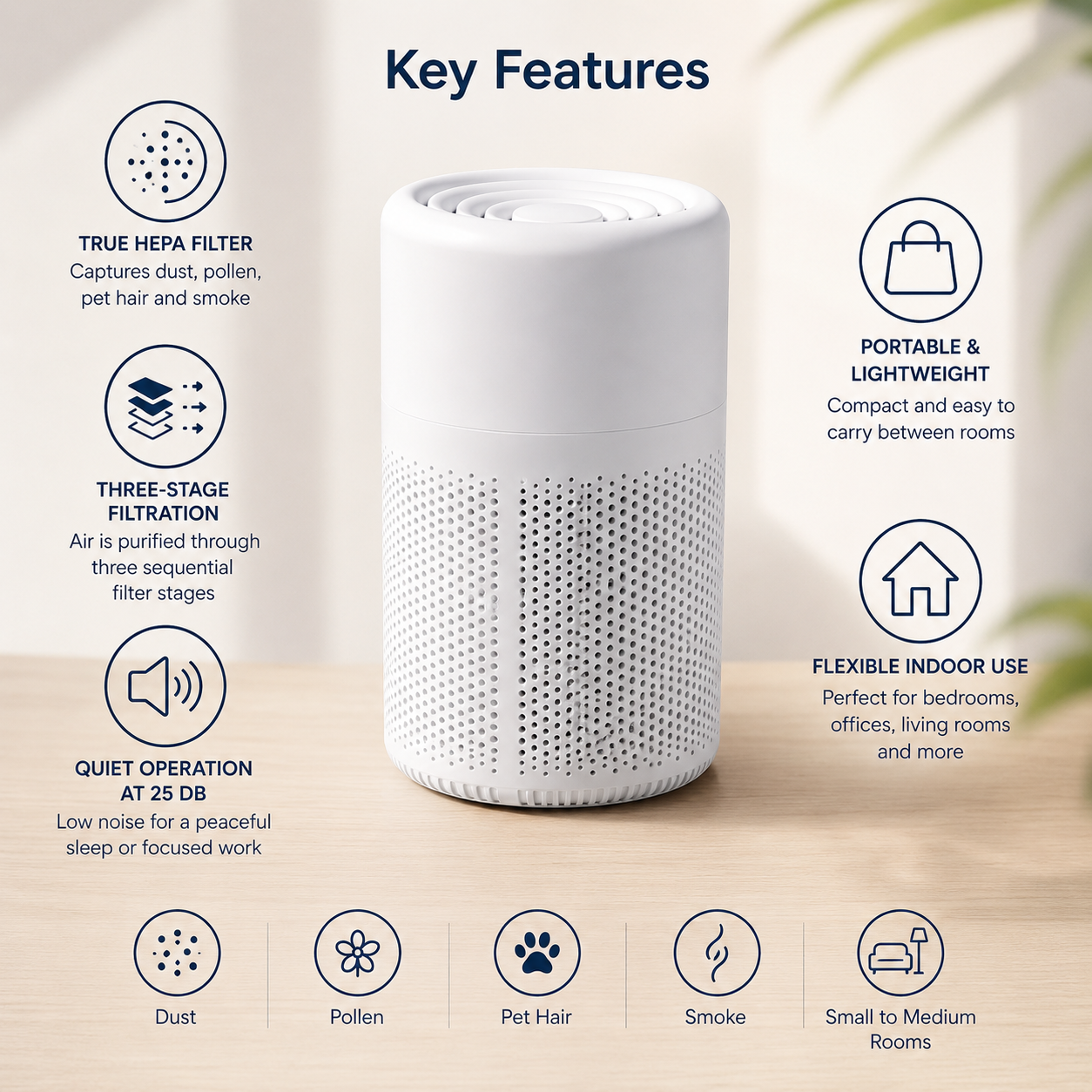 Air Purifier | True HEPA | Three-Stage Filtration | 25 dB | Portable | Home & Bedroom Use