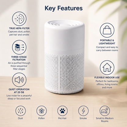 Air Purifier | True HEPA | Three-Stage Filtration | 25 dB | Portable | Home & Bedroom Use