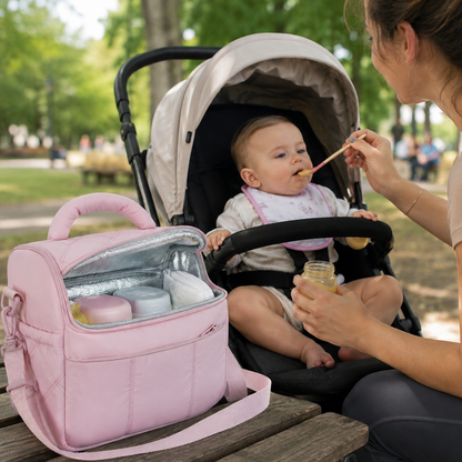 Insulated Lunch Bag | Quilted Nylon | Shoulder Strap | Temperature Control | Black & Pink