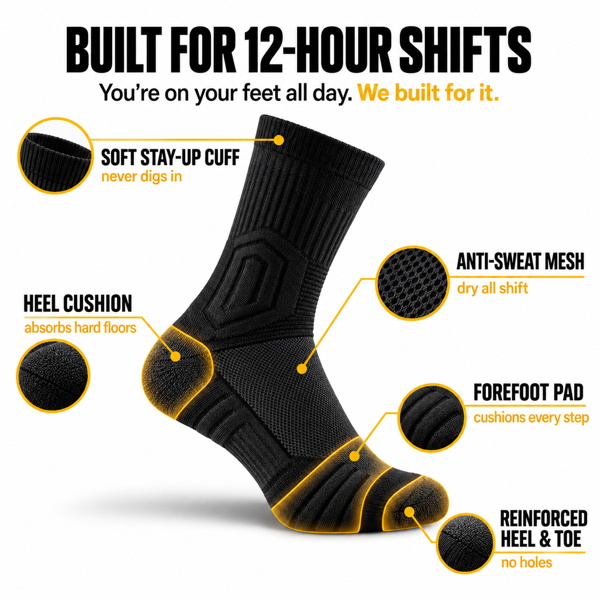 Herena ShiftProof™ Cushioned Work Socks for Long Shifts & Hard Floors