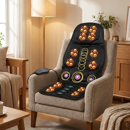 Seat Massage Cushion | 8 Modes | Heat Function | 12V & 110–240V | Wired Remote | Black