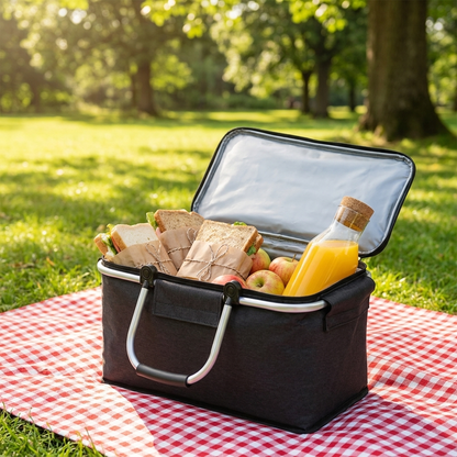 18L Collapsible Picnic Basket | Leakproof Oxford Fabric | Aluminium Frame | Black, Grey & Blue