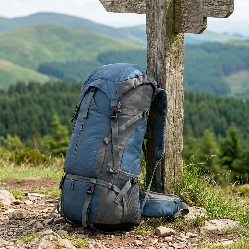 70L Hiking Rucksack | Nylon | Raincover Included | Shoe Compartment | Marine Blue, Orange & Black