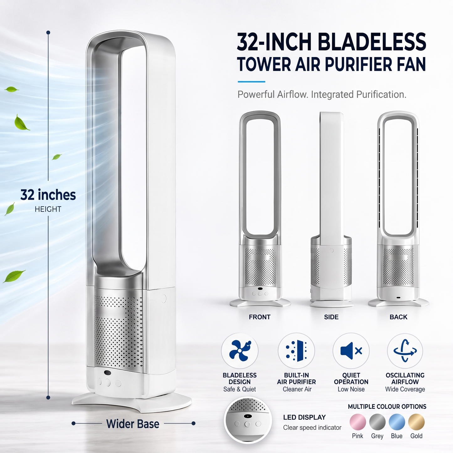 Bladeless Floor Fan | 32 Inch | Air Purifier | Remote Control | Quiet DC Motor | Pink, Grey, Blue & Gold