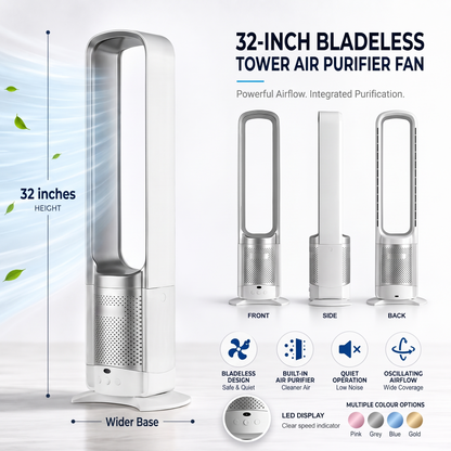 Bladeless Floor Fan | 32 Inch | Air Purifier | Remote Control | Quiet DC Motor | Pink, Grey, Blue & Gold