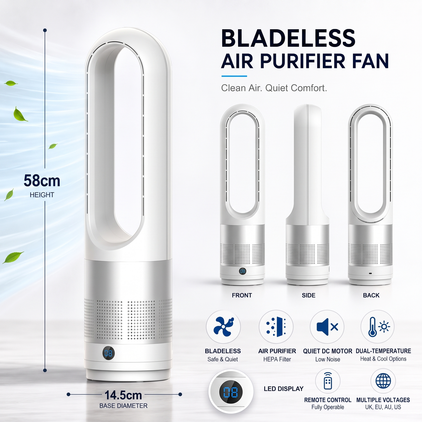 Bladeless Tower Fan & Air Purifier | HEPA | Quiet DC Motor | Remote | White, Platinum & Silver