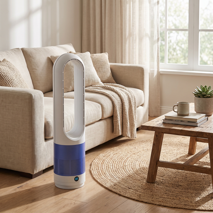 Bladeless Tower Fan & Air Purifier | HEPA | Quiet DC Motor | Remote | White, Platinum & Silver