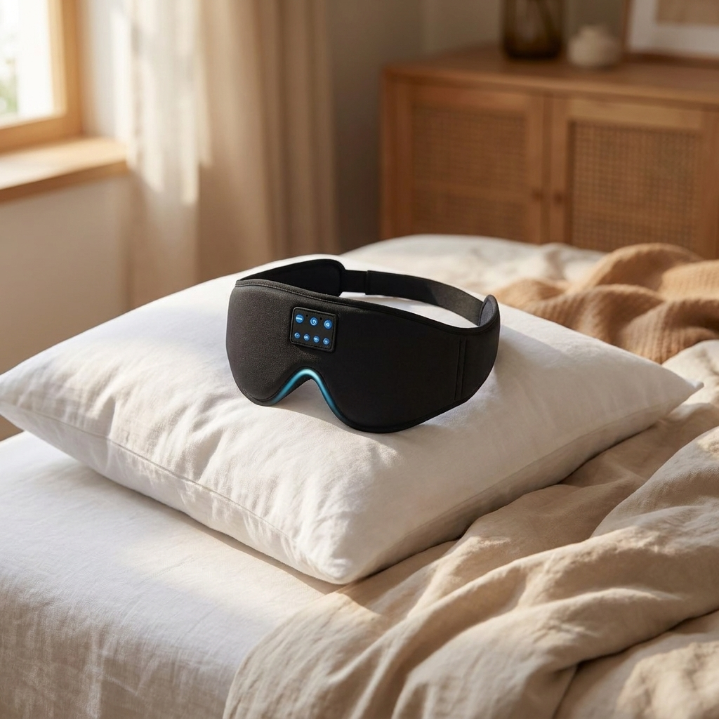 Bluetooth sleep mask on bed pillow in softly lit bedroom