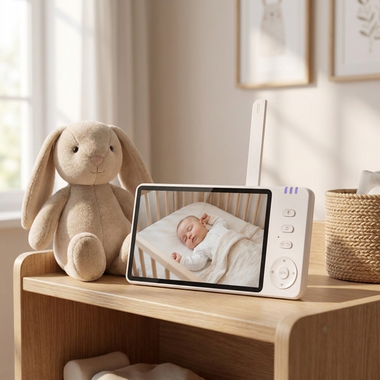 HD baby monitor camera unit on nursery shelf
