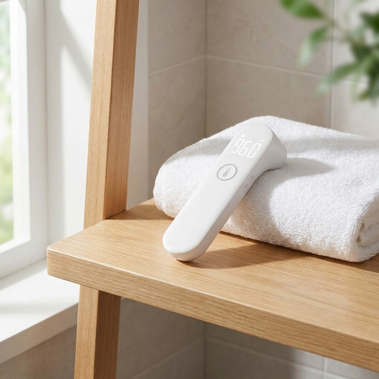Digital thermometer on bathroom shelf