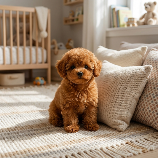 Interactive plush dog toy on child's bedroom rug