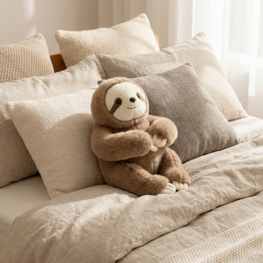Plush hug pillow on neatly made bed among cushions