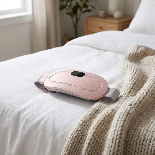 Heating pad resting folded on bed beside soft blanket