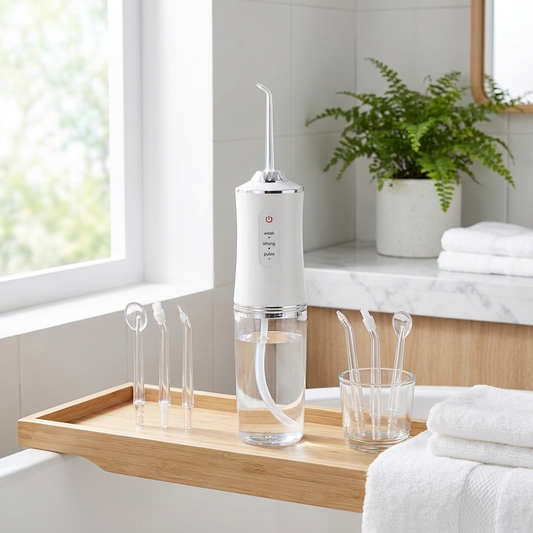 Oral irrigator standing on bathroom shelf beside water reservoir