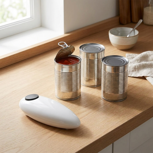 Electric Can Opener on kitchen counter beside tins