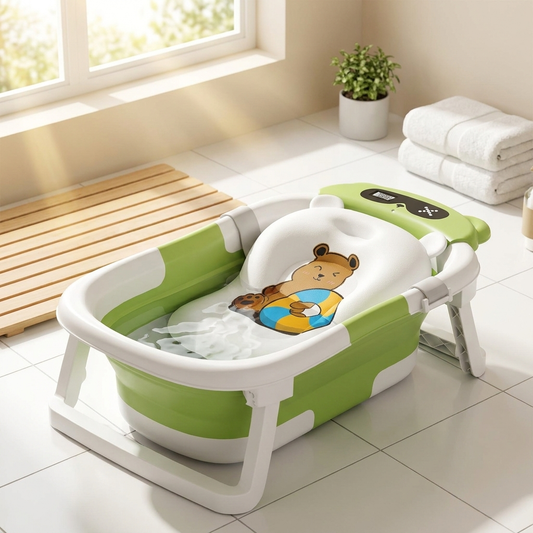 Foldable Baby Bath Tub set up in a clean bathroom