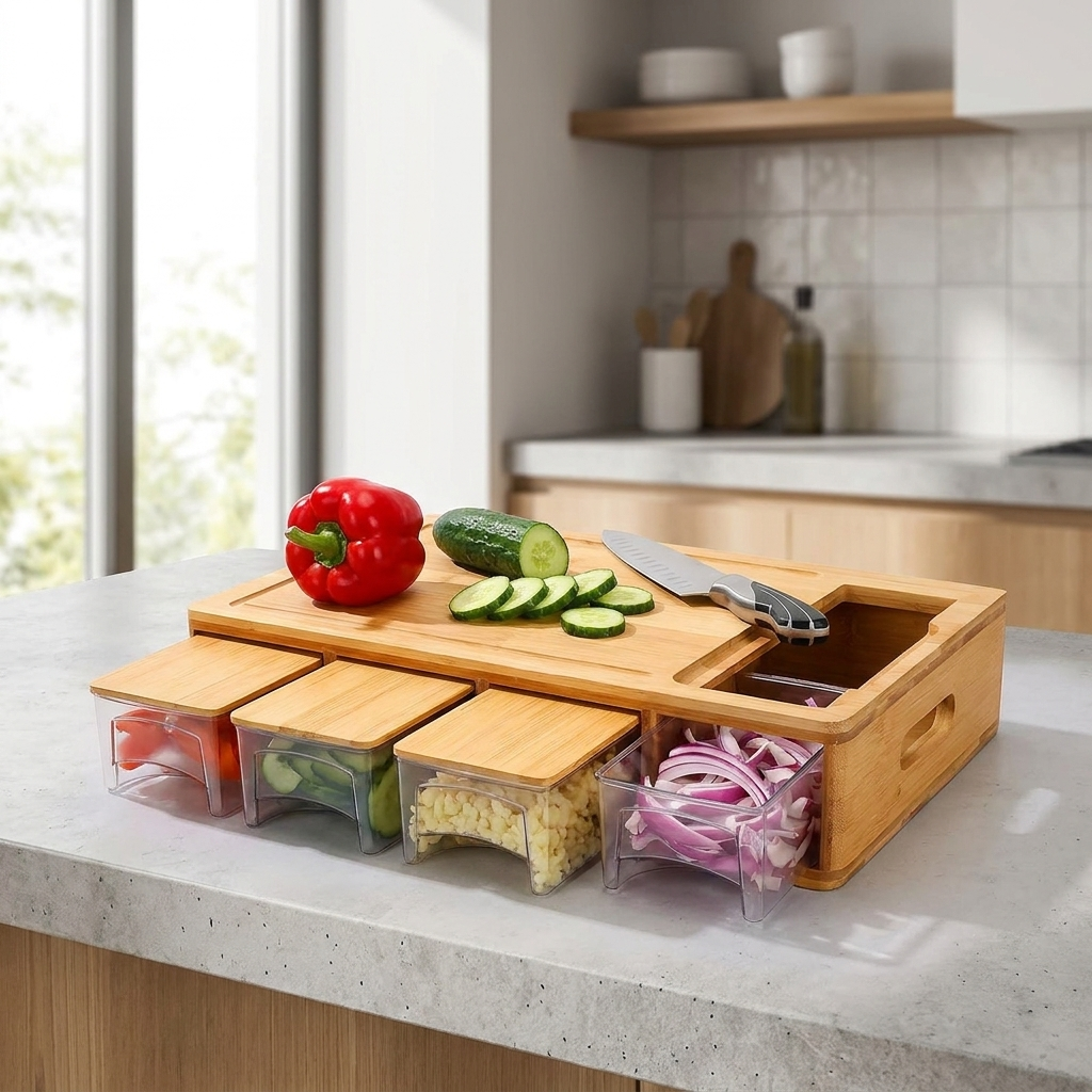 Bamboo Cutting Board with storage trays on kitchen counter