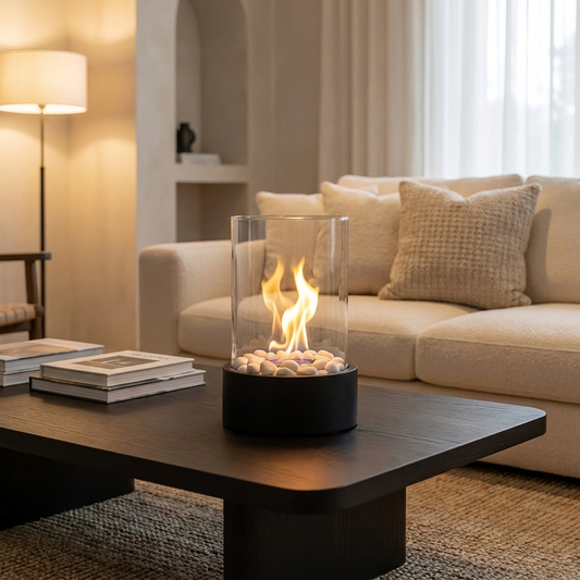 Glass Table Fireplace | Bioethanol Fuelled | Modern Metal Base Design