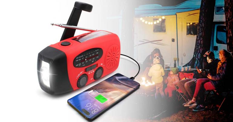Emergency Radio | AM/FM | Solar & Hand Crank Charging | LED Torch & 1200mAh Power Bank | Black & Red