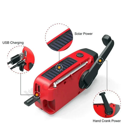 Emergency Radio | AM/FM | Solar & Hand Crank Charging | LED Torch & 1200mAh Power Bank | Black & Red