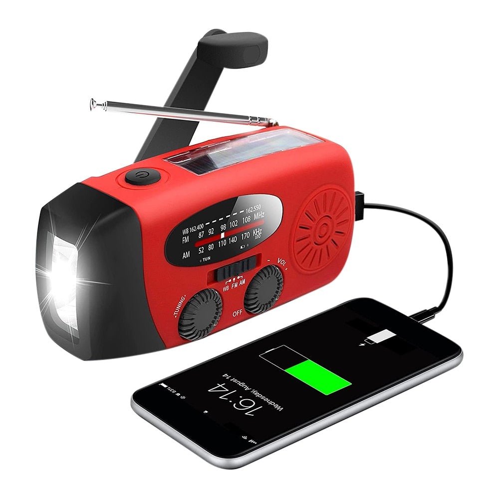 Emergency Radio | AM/FM | Solar & Hand Crank Charging | LED Torch & 1200mAh Power Bank | Black & Red